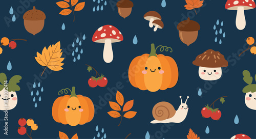 Vibrant autumn pattern featuring smiling pumpkins cheerful mushrooms colorful leaves acorns berries and a friendly snail on a deep navy blue background.