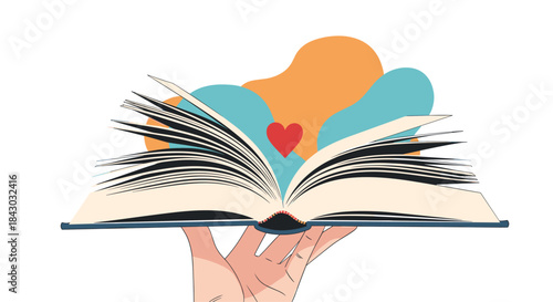 Open book held by a gentle hand releases colorful shapes and a red heart rising from its pages to celebrate imagination reading and love of stories.