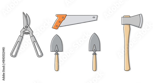 Various garden tools including pruning shears a hand saw two trowels and an axe arranged together for outdoor maintenance tasks.