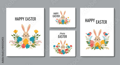 Bright easter card set featuring a friendly bunny among spring flowers colorful eggs and cheerful greetings in a whimsical illustration for celebrations.