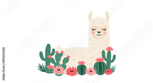 Calm cream alpaca rests among cactus and blooming flowers under a bright sky in a whimsical desert garden scene filled with soft colors and gentle joy.
