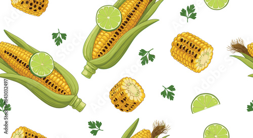 Vibrant repeating pattern of corn on the cob with lime wedges and cilantro leaves across a clean white background showcasing yellow kernels and fresh greens.