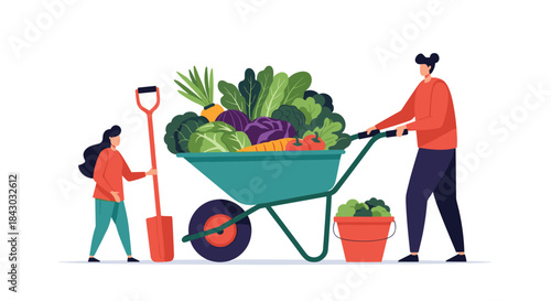 Family members work together in a sunny garden tending a wheelbarrow full of fresh vegetables and planning a healthy meal from peppers lettuce and carrots.