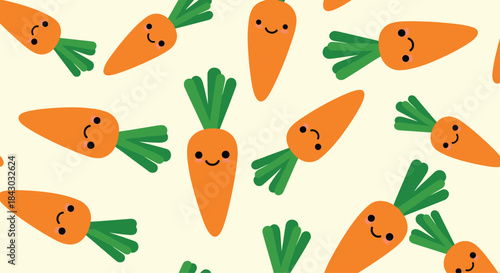 Playful seamless pattern featuring bright orange carrots with green tops scattered across a pale cream background ideal for cheerful food themed designs.