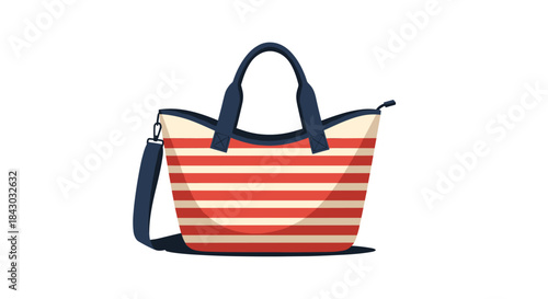 Bright striped tote bag with navy handles and a long shoulder strap resting on a plain background for stylish summer shopping and everyday errands.