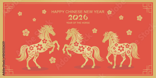 Chinese New Year banner with golden horse design on red background