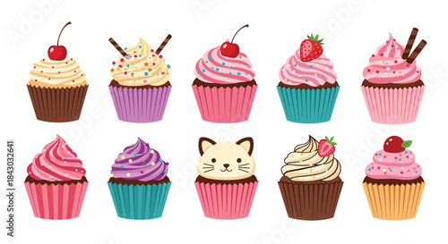 Bright assortment of twelve cupcakes with colorful swirled frosting decorative toppings and cute designs arranged in two neat rows for a playful dessert display.