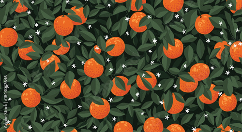 Juicy oranges ripening among dense green leaves and tiny white blossoms in a lush orchard pattern suitable for vibrant seasonal backgrounds.