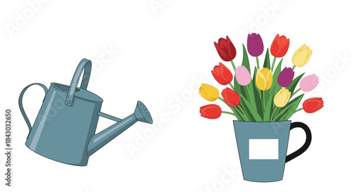 Watering can beside a mug filled with colorful tulips creating a bright cheerful still life on a white background with a touch of garden inspiration.