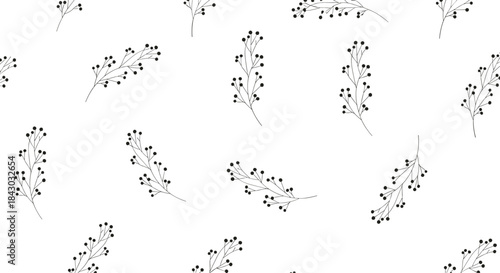 Delicate black botanical sprigs scattered across a clean white background suitable for seamless patterns in fashion textiles and home decor projects.
