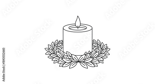 Single lit candle rests within a circular wreath of laurel leaves that encircles the glow symbolizing remembrance and solemn tribute.
