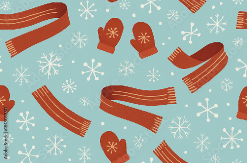 Seamless winter pattern with snowflakes, mittens and scarves, flat vector style, repeating pattern, stock illustration