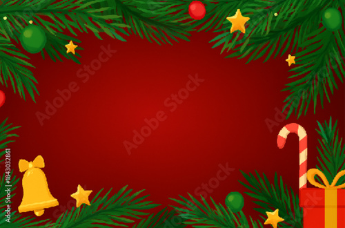 Christmas sale banner background with pine branches, ornaments, red and green colors, empty space for text, stock design