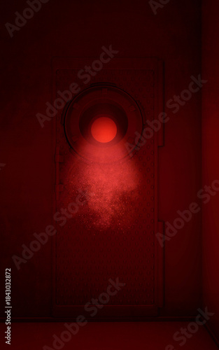 Close-up of a heavy-duty watertight door. Industrial watertight door in a marine environment, 3d rendering