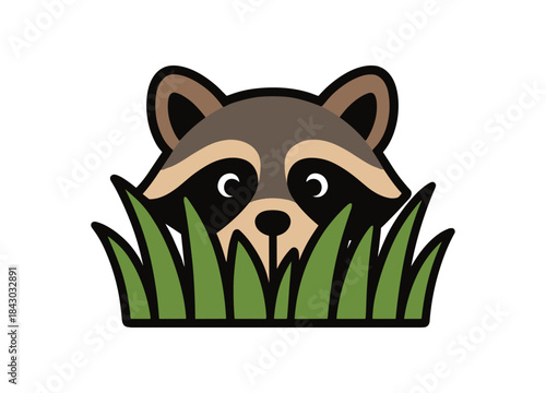 Flat vector illustration of bright raccoon hiding half tall grass only eyes and ears visible rounded shapes clean outline clean white background