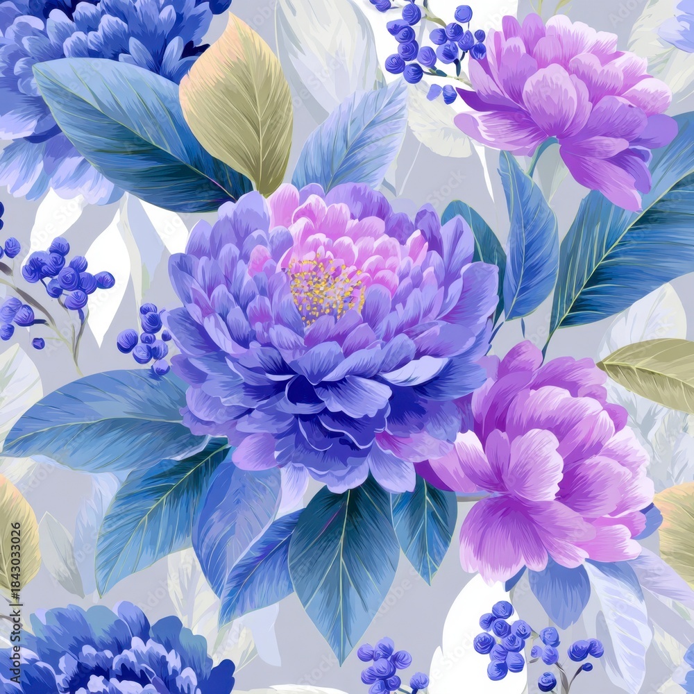 Fototapeta premium Vibrant floral design featuring purple and blue flowers with green leaves on a light background