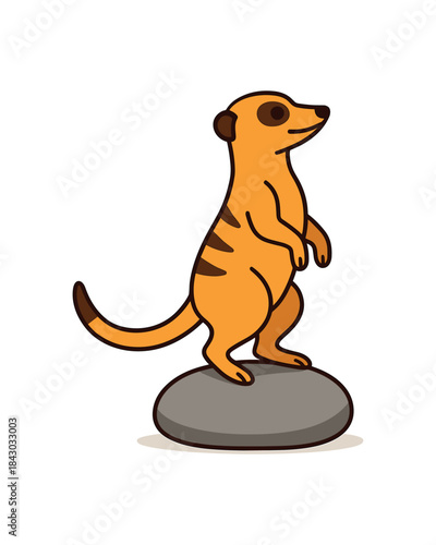 Flat vector illustration of bright meerkat balancing on smooth stone with proud stance rounded shapes clean outline clean white background