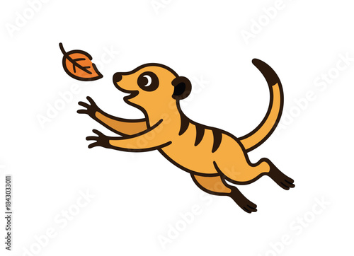 Flat vector illustration of bright meerkat chasing falling leaf midjump rounded shapes clean outline clean white background