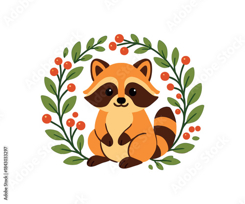 Flat vector illustration of bright raccoon sitting inside wreath of berries and leaves festive framing pose rounded shapes clean outline clean white background