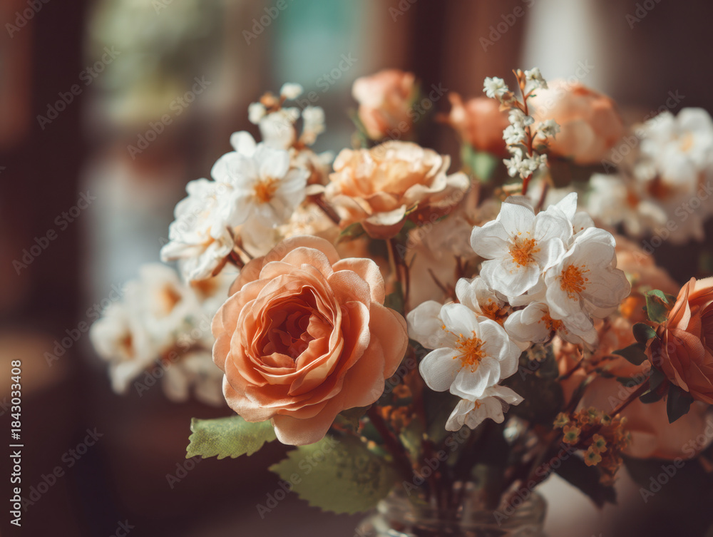Obraz premium Soft focus bouquet of delicate peach roses and white blossoms in a rustic setting with warm natural light enhancing the floral textures and colors