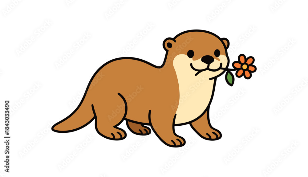 Fototapeta premium Flat vector illustration of bright river otter carrying small wildflower mouth sweet pose rounded shapes clean outline clean white background