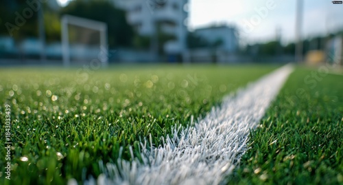 Vibrant green synthetic soccer field with sharp white boundary line and blurred goalposts and buildings in the background under bright daylight
