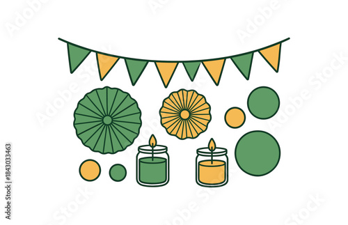 Flat vector illustration of bright ecofriendly party decor set: cloth bunting glass candles paper fans rounded shapes clean outline clean white background