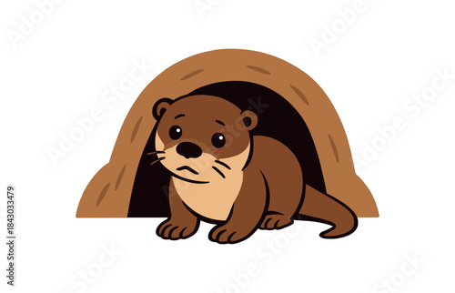 Flat vector illustration of bright river otter peeking from burrow entrance shy curious pose rounded shapes clean outline clean white background