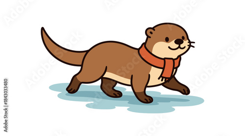 Flat vector illustration of bright river otter walking across ice wearing tiny scarf winter cute pose rounded shapes clean outline clean white background
