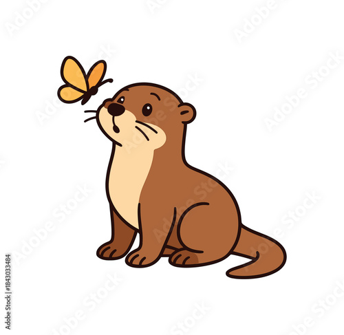 Flat vector illustration of bright river otter watching butterfly hovering above nose gentle surprised pose rounded shapes clean outline clean white background