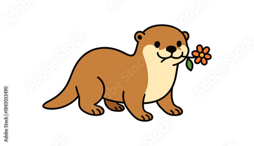 Flat vector illustration of bright river otter carrying small wildflower mouth sweet pose rounded shapes clean outline clean white background
