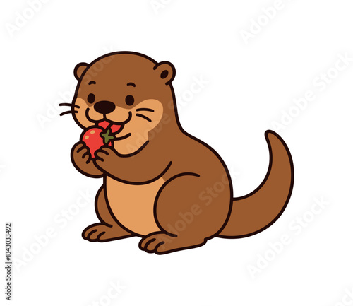 Flat vector illustration of bright river otter nibbling berry held paws cute eating pose rounded shapes clean outline clean white background