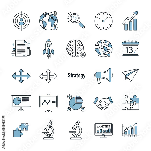 Diverse collection of strategic business management and analytics icons, showcasing planning, innovation, and agile execution to whisk up successful outcomes