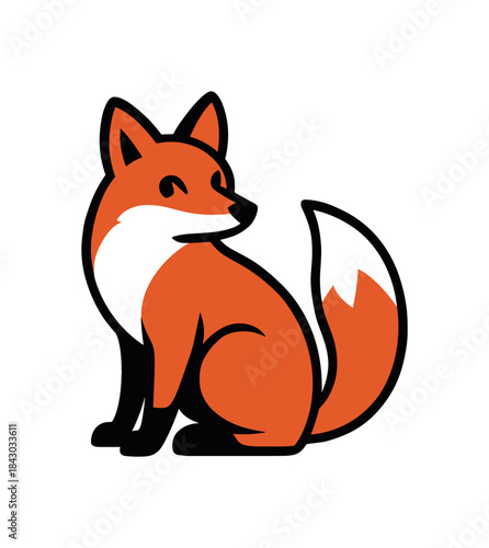 Flat vector illustration of bright red fox looking back over shoulder curious pose rounded shapes clean outline clean white background