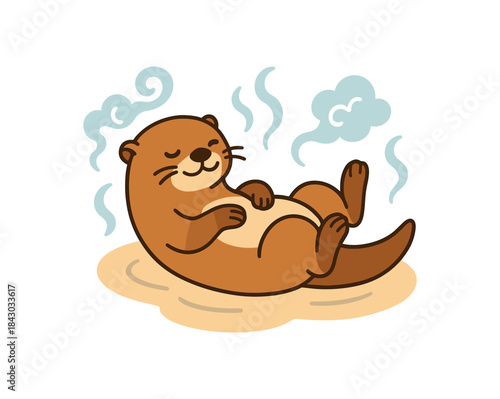 Flat vector illustration of bright river otter relaxing warm hotspring steam curls spa pose rounded shapes clean outline clean white background