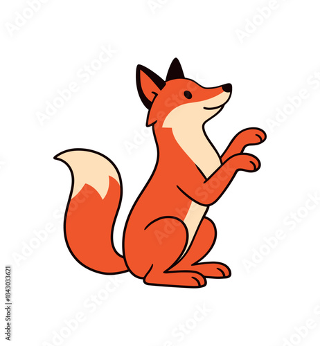 Flat vector illustration of bright red fox sitting on hind legs begging playfully front paws up rounded shapes clean outline clean white background