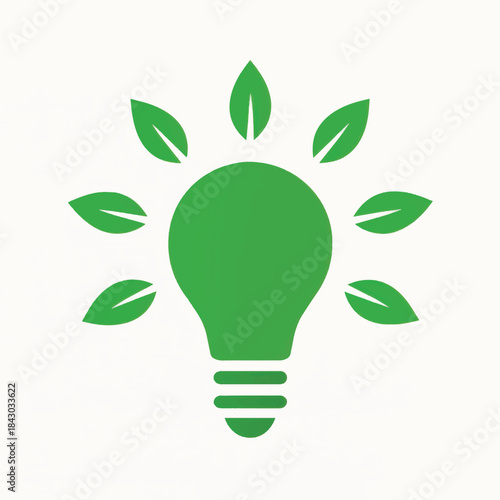 Green light bulb with leaves symbolizing eco friendly energy and ideas.