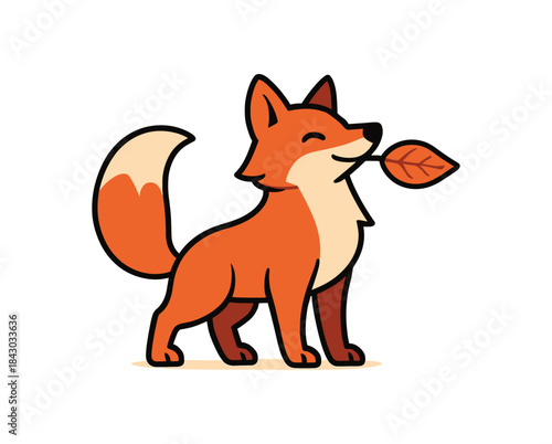 Flat vector illustration of bright red fox holding leaf mouth proud pose rounded shapes clean outline clean white background