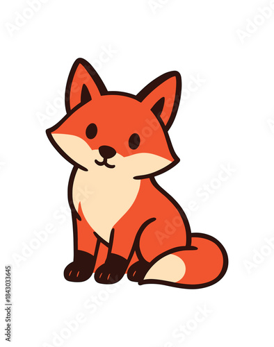 Flat vector illustration of bright red fox sitting with head tilted to the side cute listening pose rounded shapes clean outline clean white background