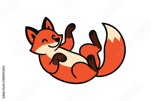 Flat vector illustration of bright red fox lying on back with paws air playful pose rounded shapes clean outline clean white background
