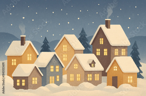 Cozy winter village illustration with snow covered houses, warm yellow lights, night scene, soft colors, no people, stock illustration