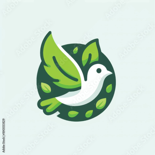 White peace dove with green leaf wings eco friendly logo.