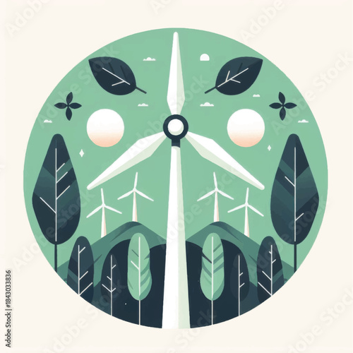 Wind Turbine in Nature Sustainable Energy Illustration.