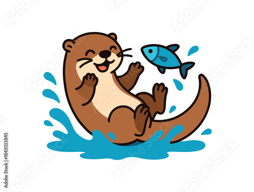 Flat vector illustration of bright river otter playing with small fish splashing happily rounded shapes clean outline clean white background