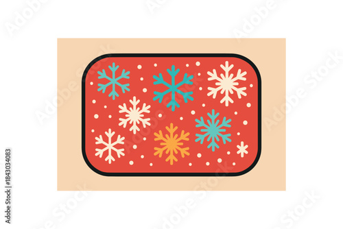 Flat vector illustration of colorful winter door mat with vivid snow pattern rounded rectangle shape clean outline