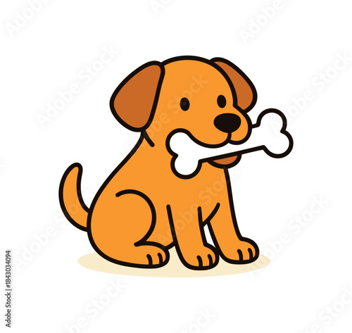 Flat vector illustration of bright dog chewing toy bone rounded shapes clean outline clean white background