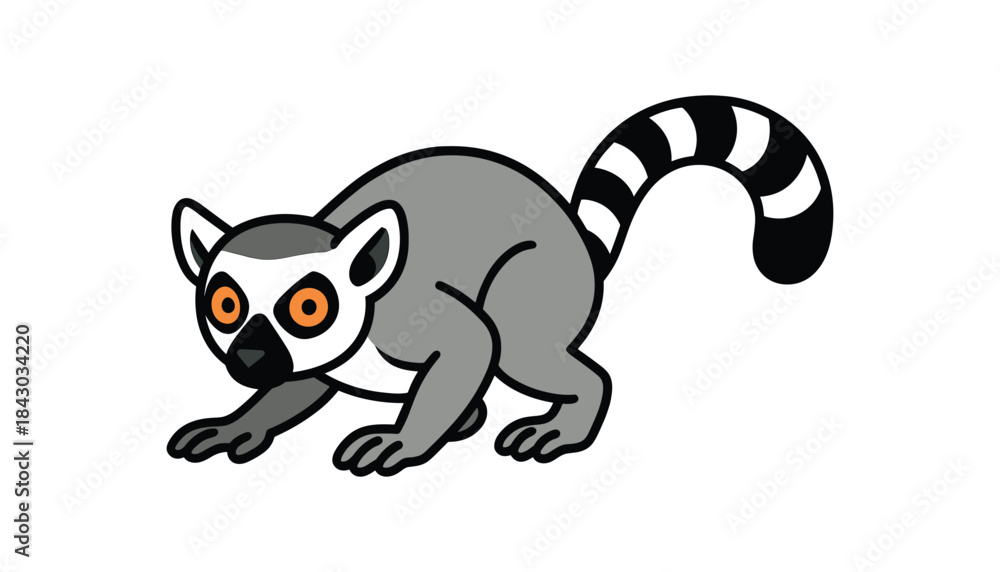 Fototapeta premium Flat vector illustration of bright ringtailed lemur crouching low like sneaking tail straight back rounded shapes clean outline clean white background