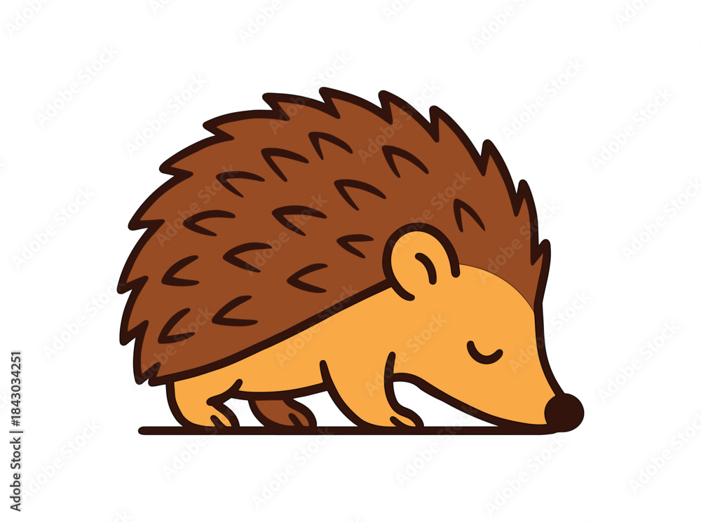 Fototapeta premium Flat vector illustration of bright hedgehog sniffing the ground head lowered rounded shapes clean outline clean white background