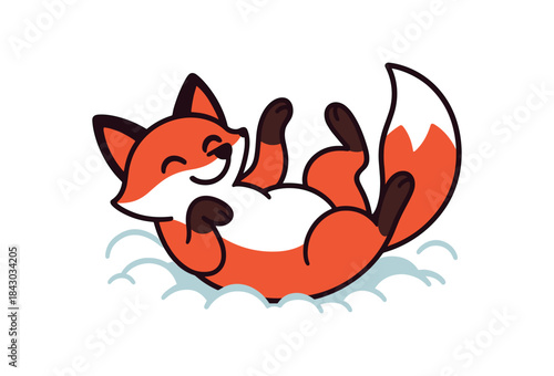 Flat vector illustration of bright red fox rolling soft snow joyful pose rounded shapes clean outline clean white background