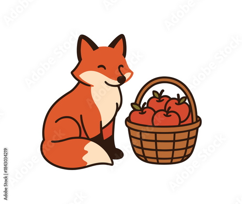 Flat vector illustration of bright red fox sitting beside basket of apples cozy countryside pose rounded shapes clean outline clean white background